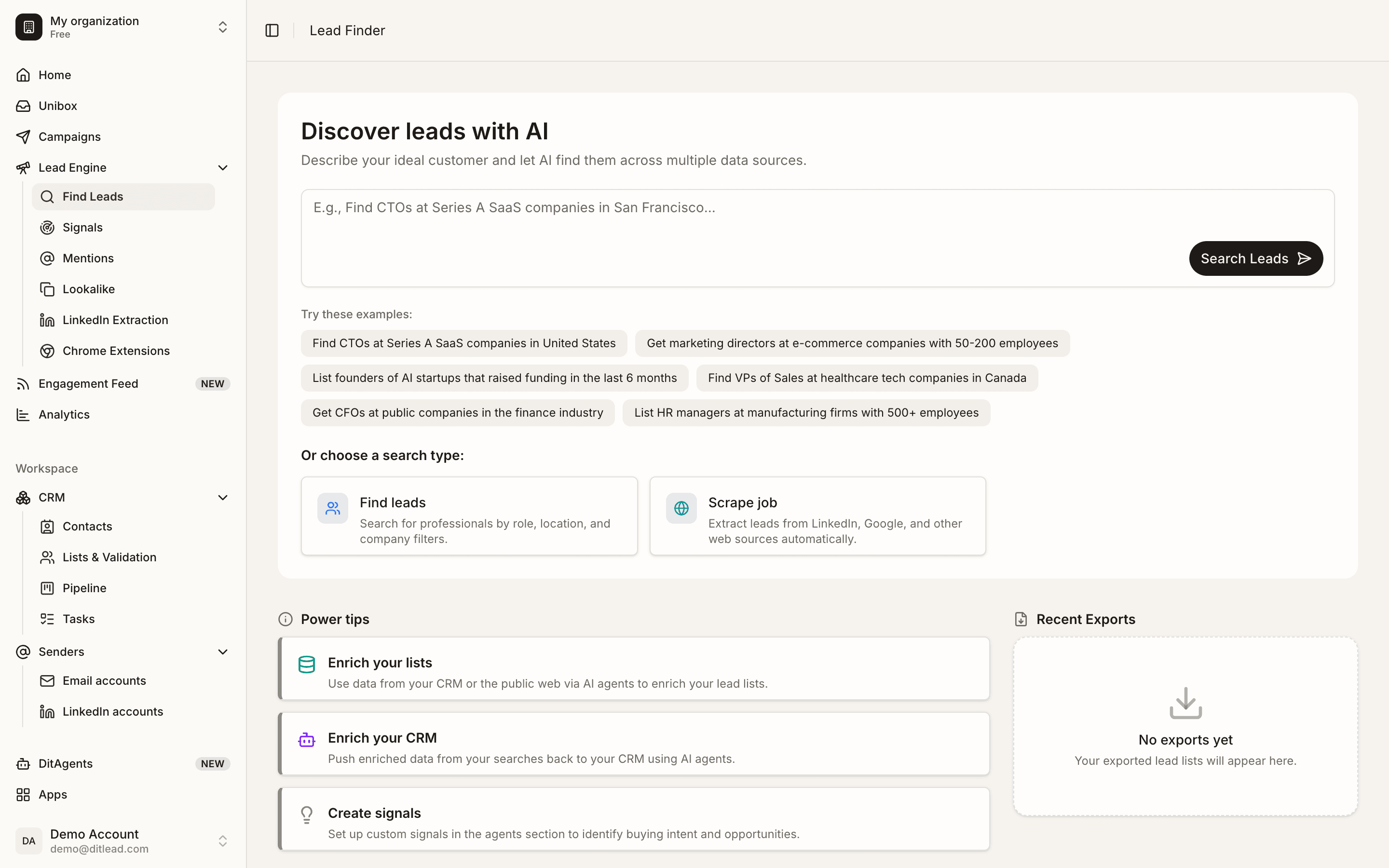 Reveal contact details: Lead Engine and lead database starting screen