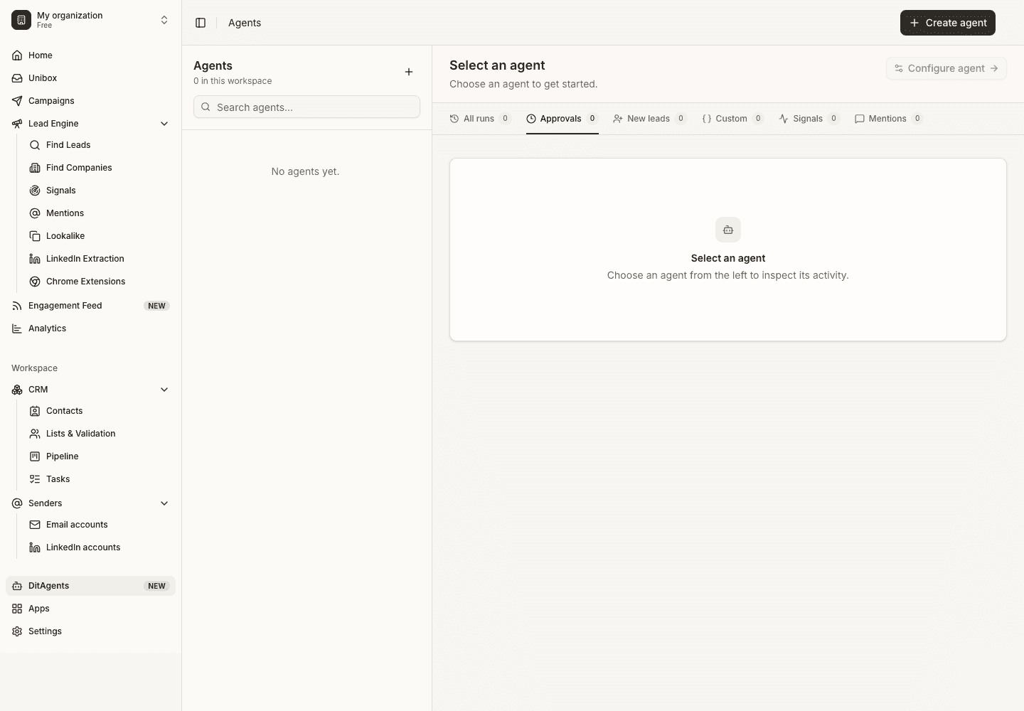 What can DitLead agents do?: Agents home screen