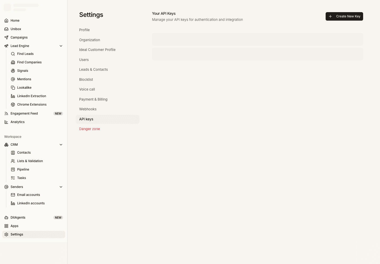 Create API keys: API keys screen