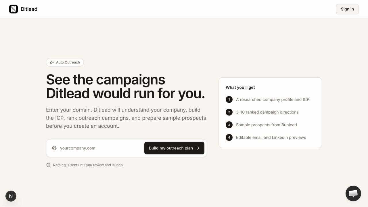 Start Auto Outreach from your website: Auto Outreach company-domain entry