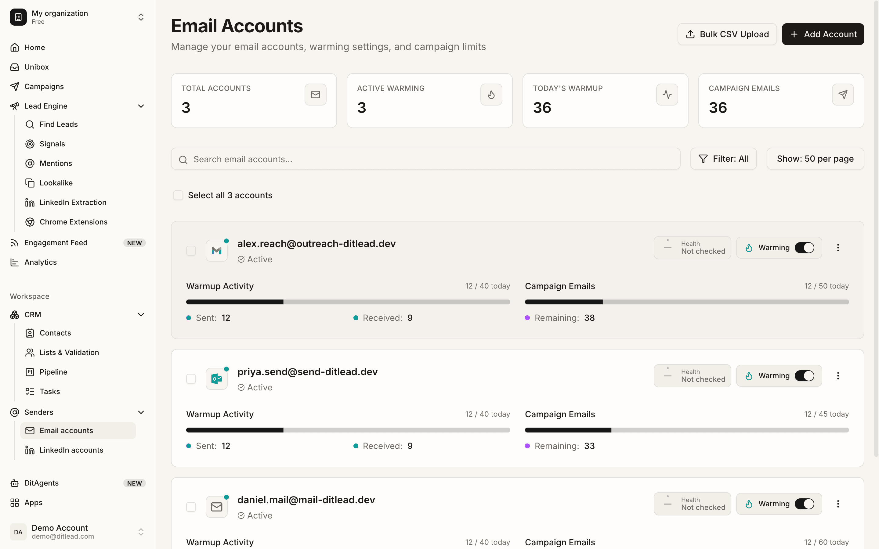 Add email accounts: Email accounts table