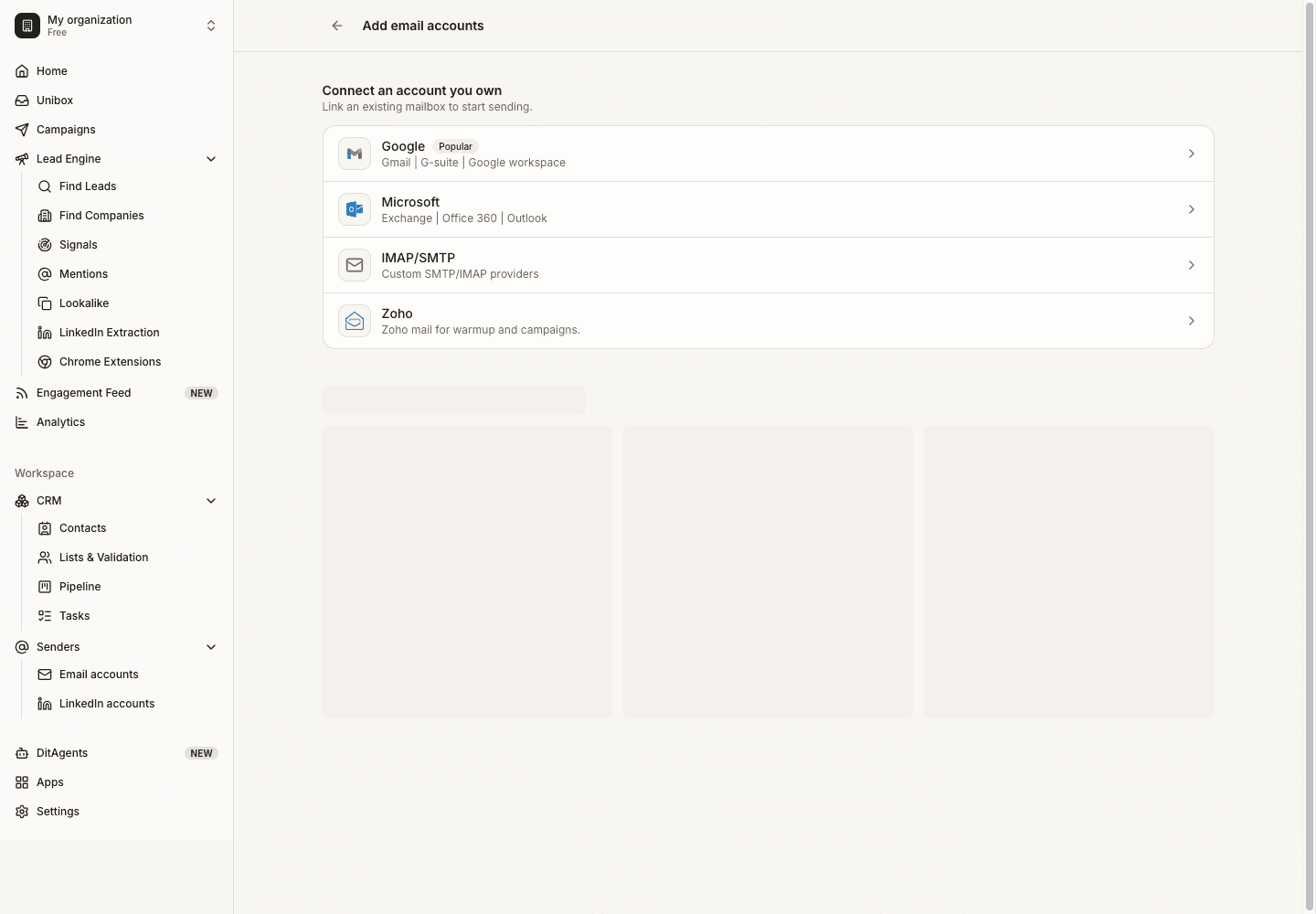 Add email accounts: Provider selection modal
