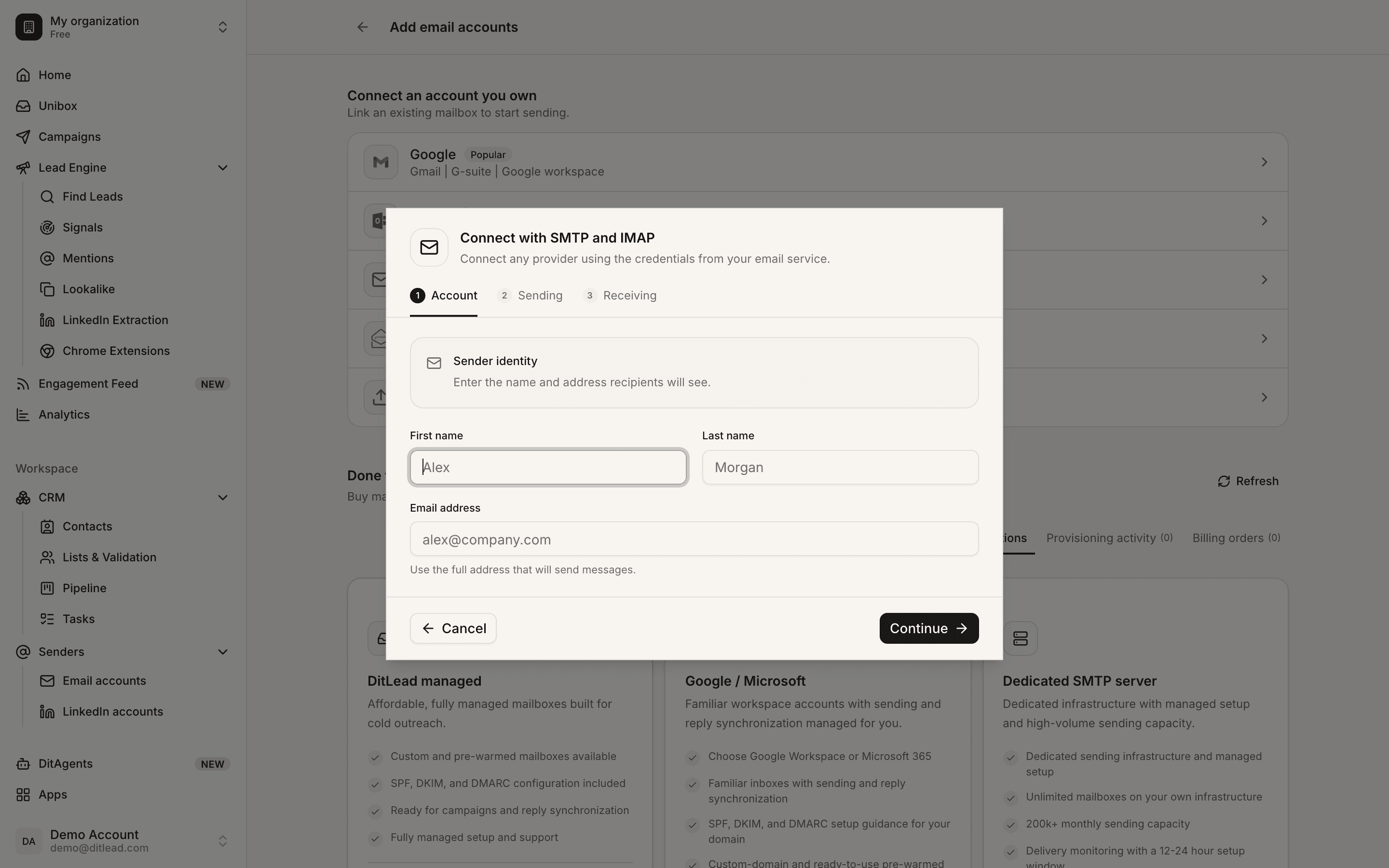 Add email accounts: Validation status