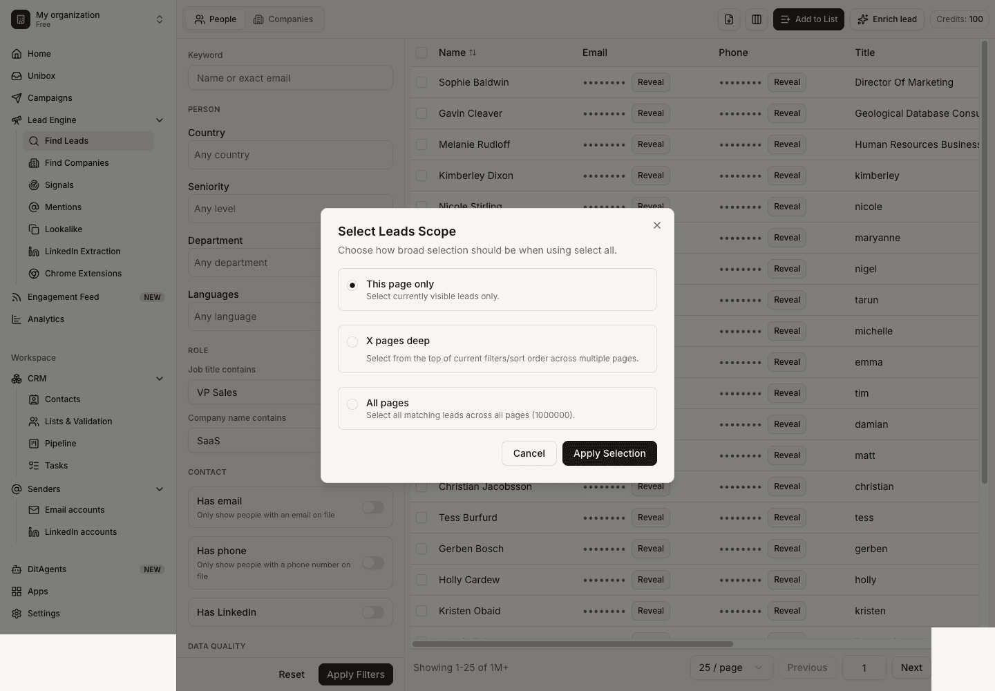 Discover leads with AI: Lead results with filters