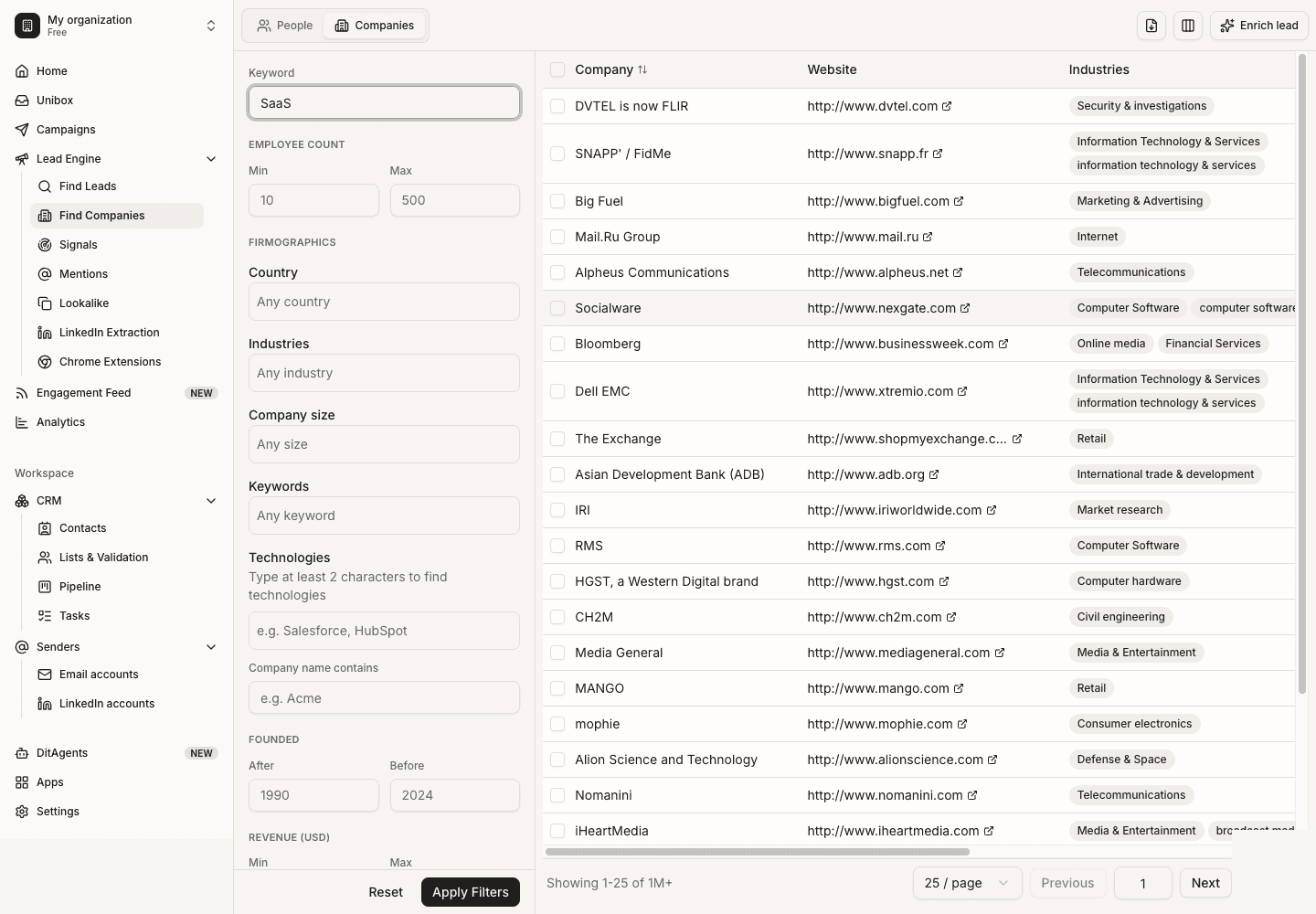 Search for companies in Lead Finder: Company results table