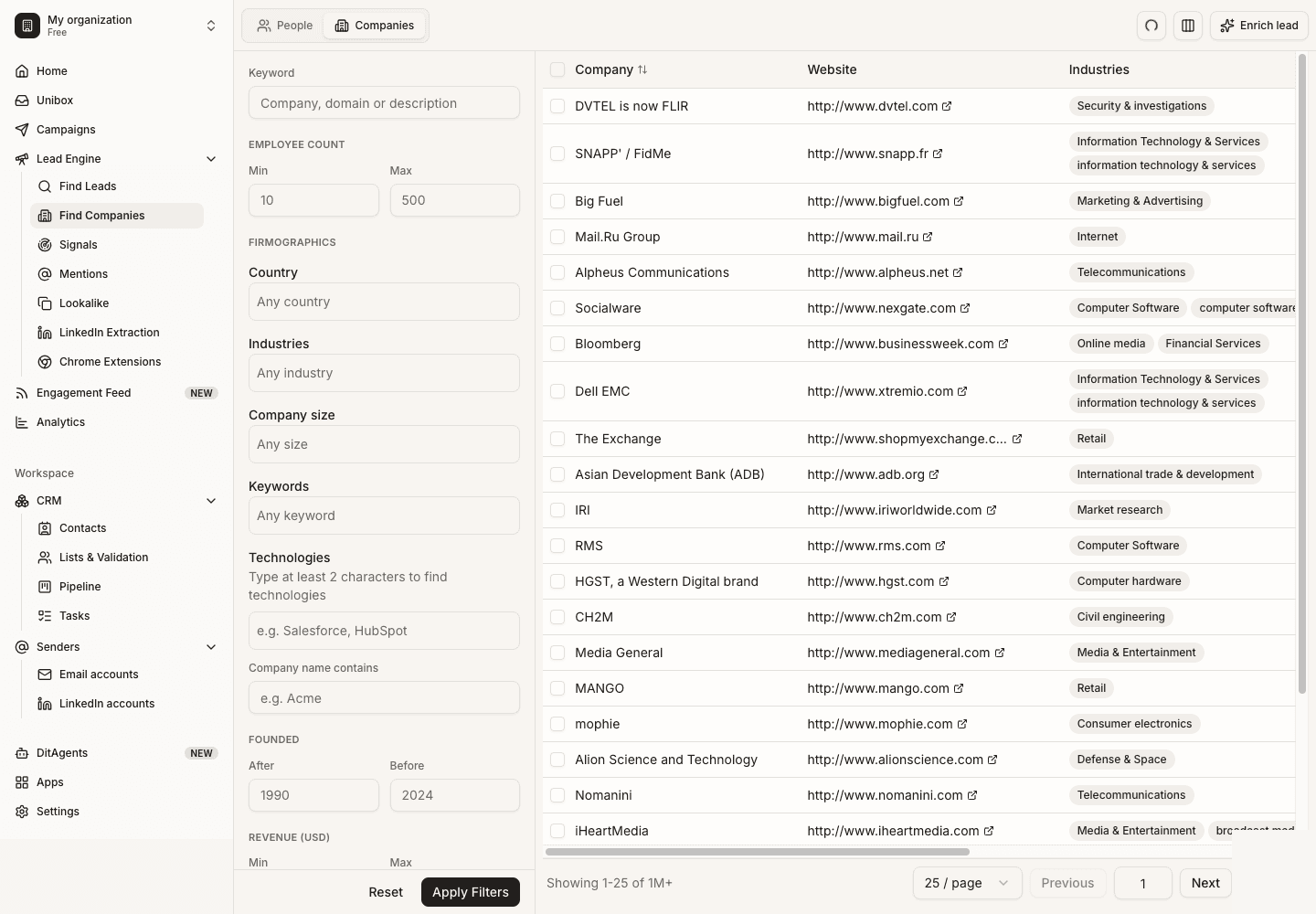 Search for companies in Lead Finder: Company search screen