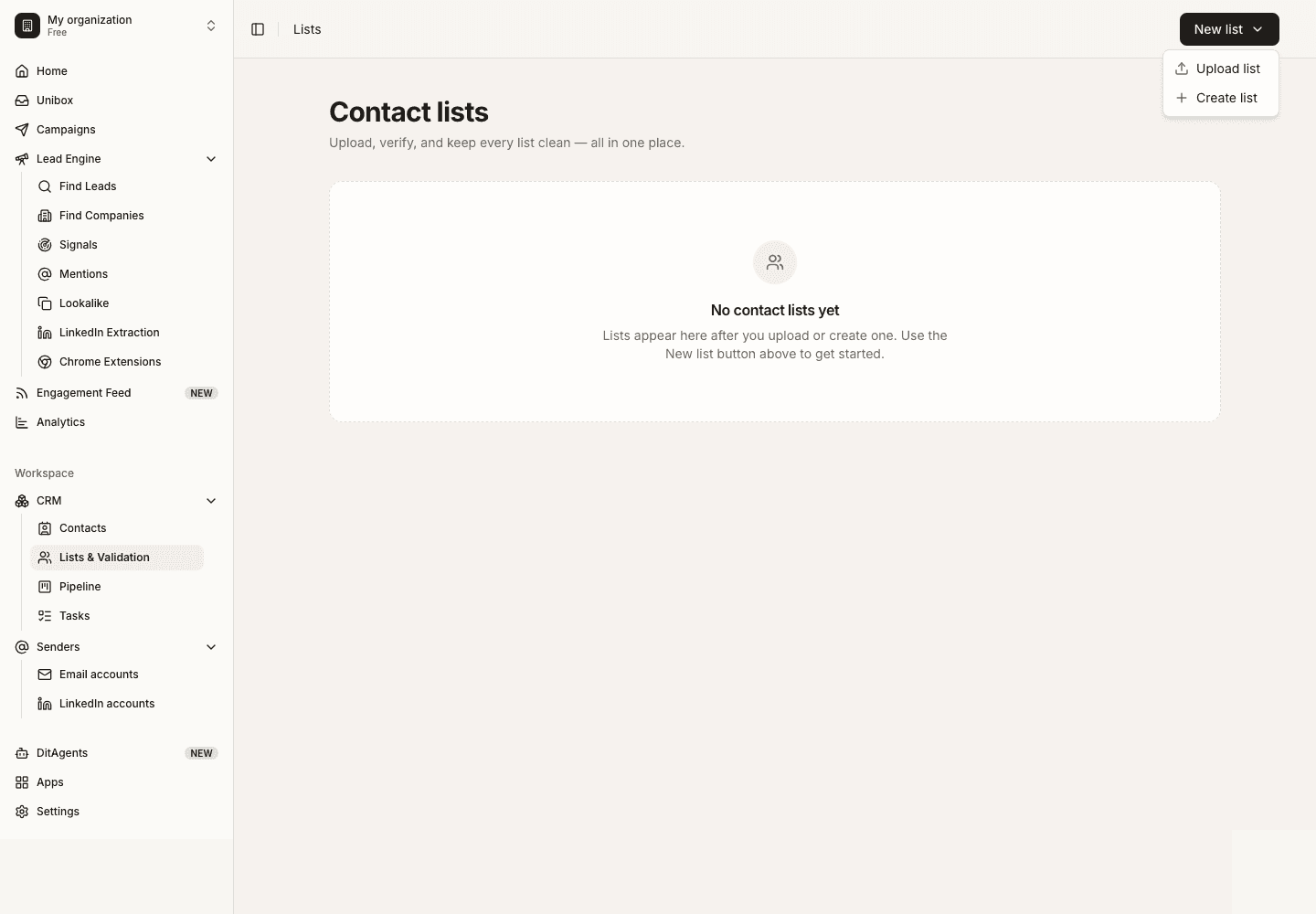 Upload a contact list: CSV upload state