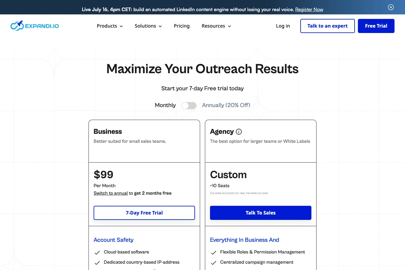 Expandi pricing page — plans and prices