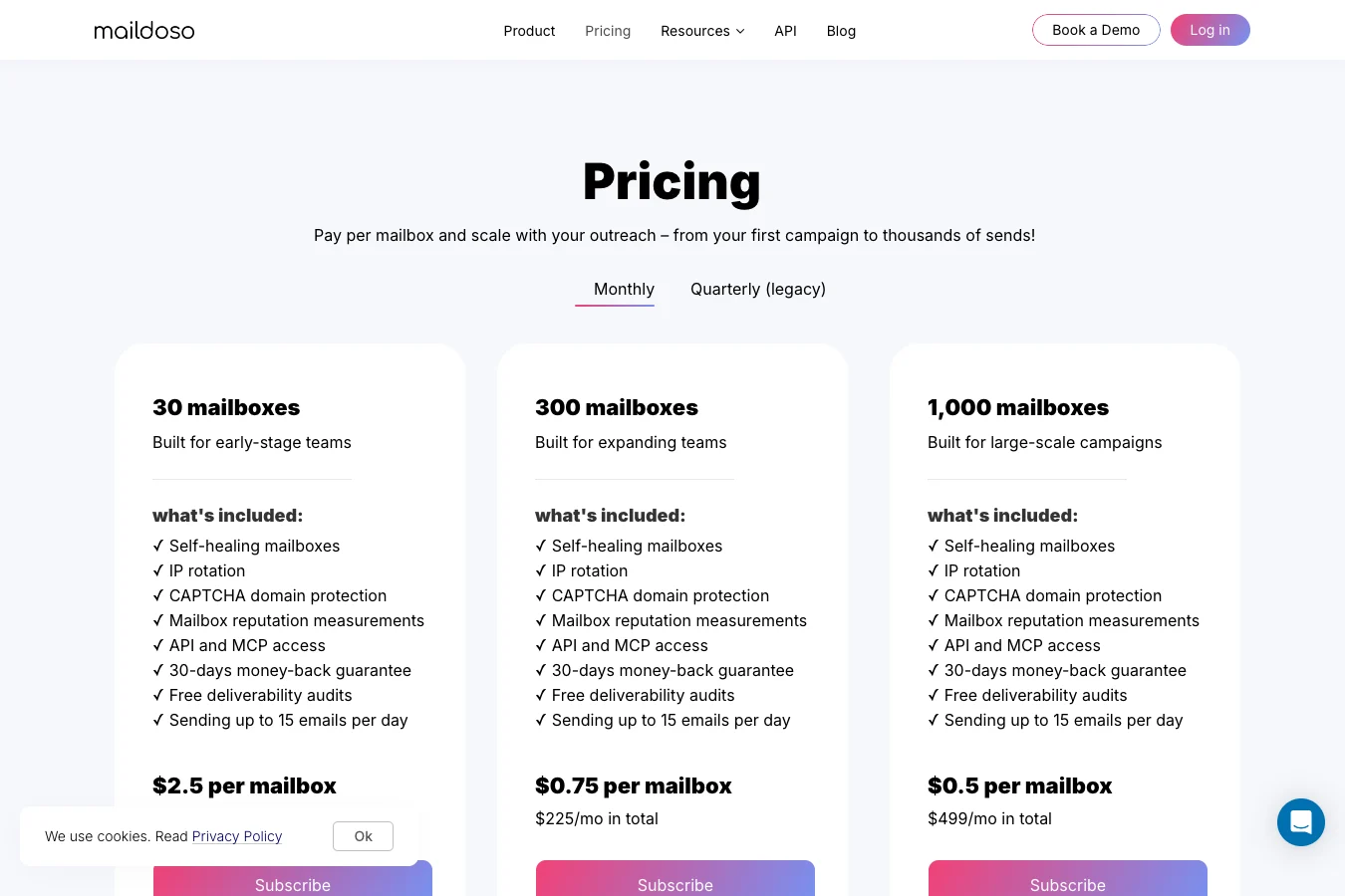 Maildoso pricing page — plans and prices