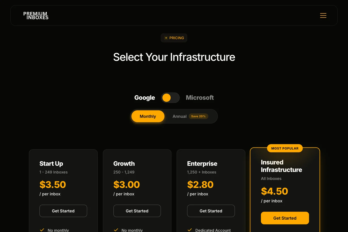 Premium Inboxes pricing page — plans and prices
