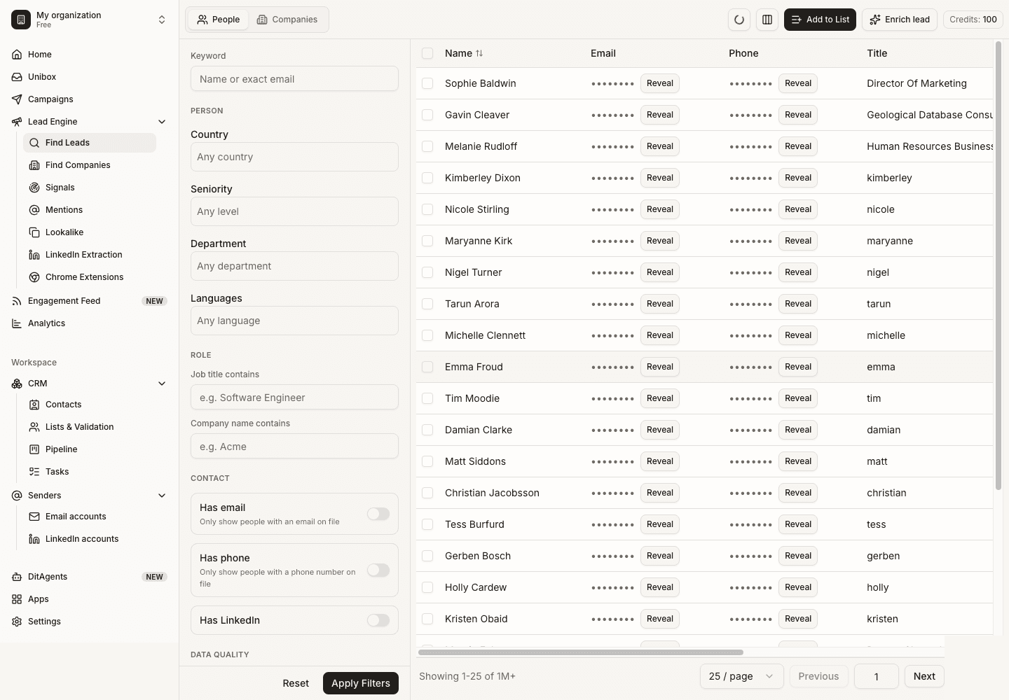 Search for people in Lead Finder: People search screen