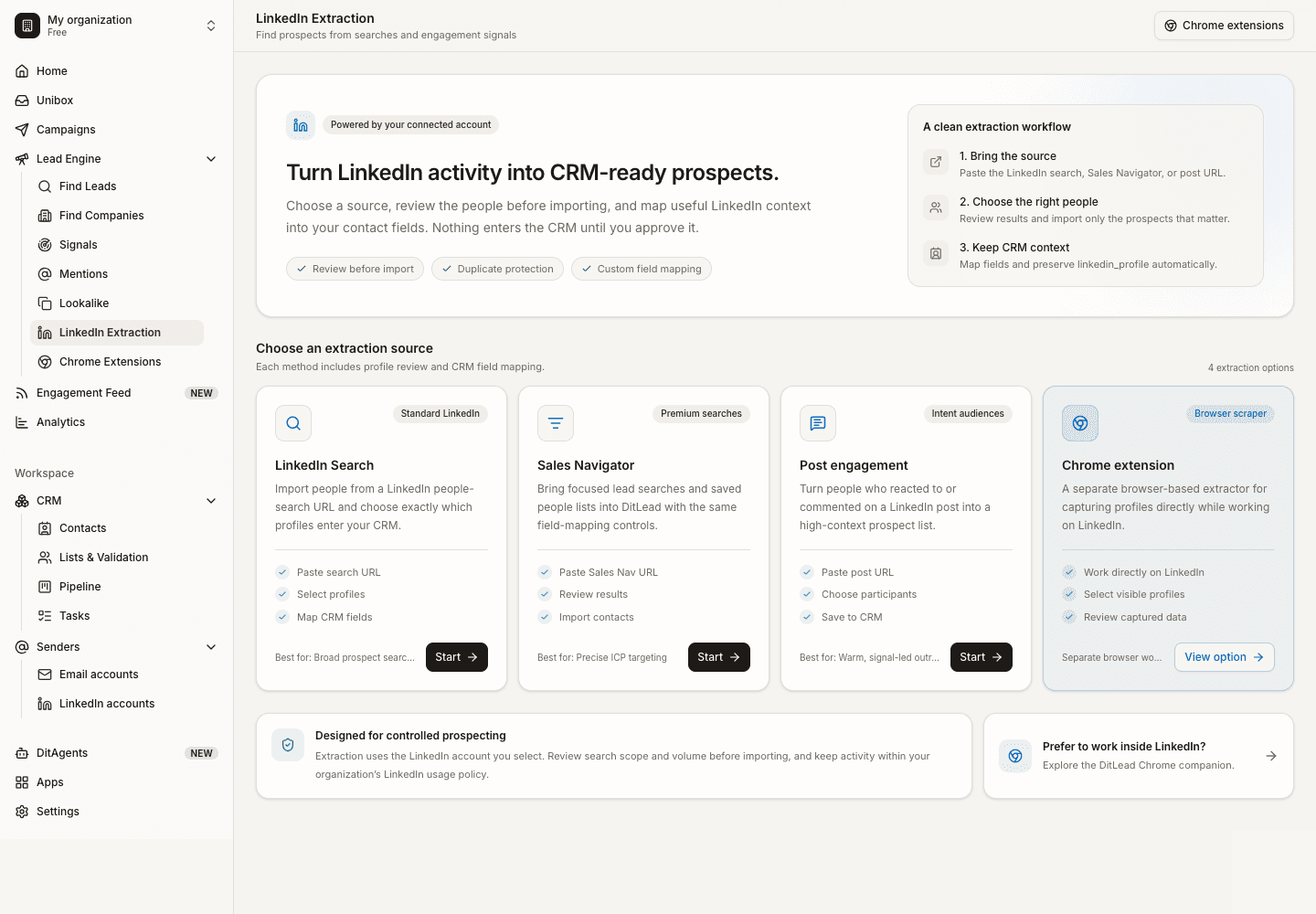 Scrape a LinkedIn search page: LinkedIn extraction start screen
