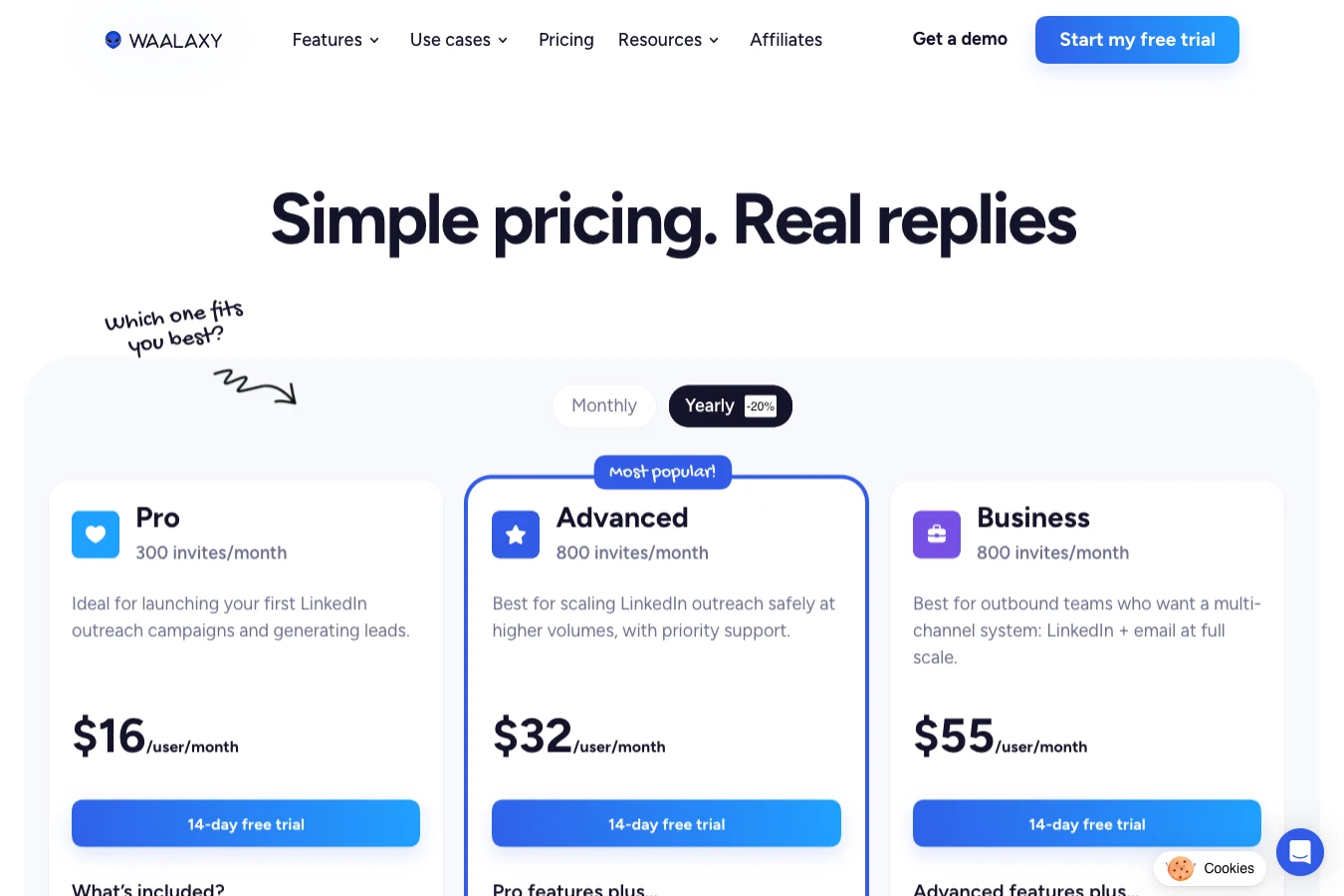 Waalaxy pricing page Waalaxy pricing page — plans and prices