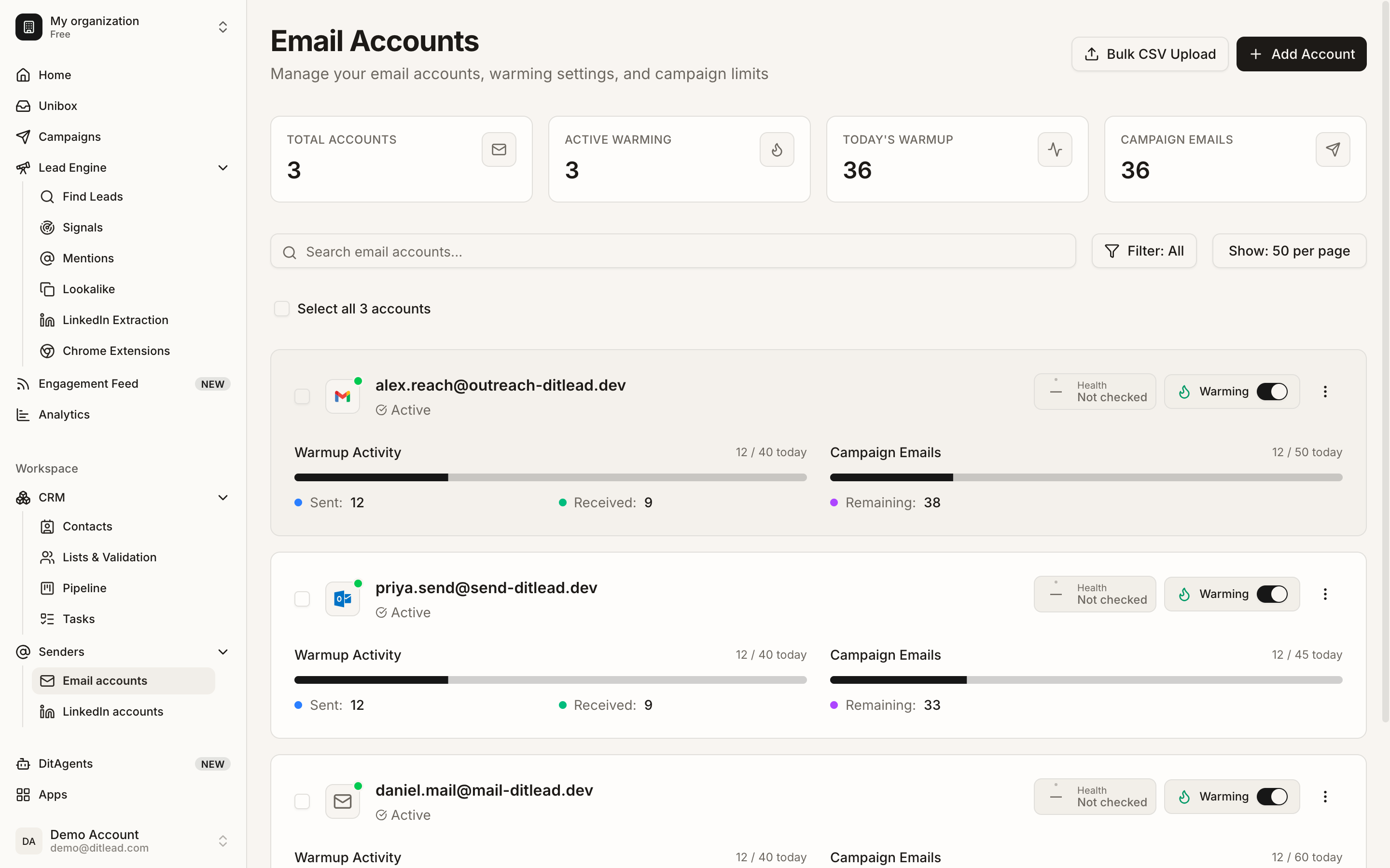 DitLead email accounts screen showing per-mailbox warmup activity and campaign sending limits
